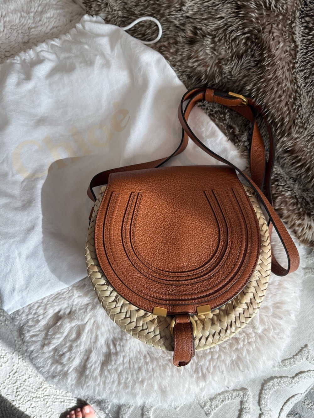 Chloe Marcie Raffia & Leather Saddle Bag in Brown